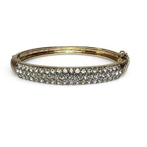 Vintage Pave Crystal Hinged Bangle Bracelet Gold Tone Thailand Old Money Glam